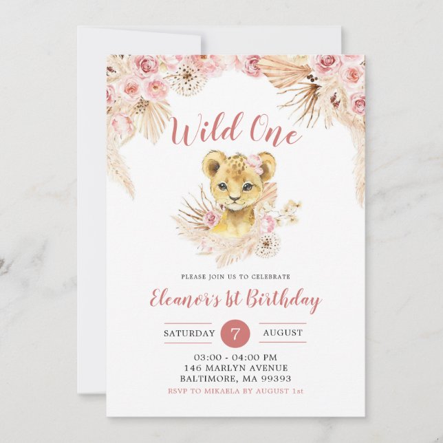 Boho Floral Lion Cub Salvaje Invitación de un cump (Anverso)