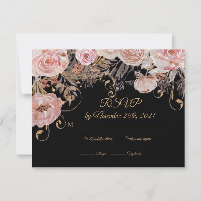 Boho floral negro rosa dorado RSVP personalizado (Anverso)