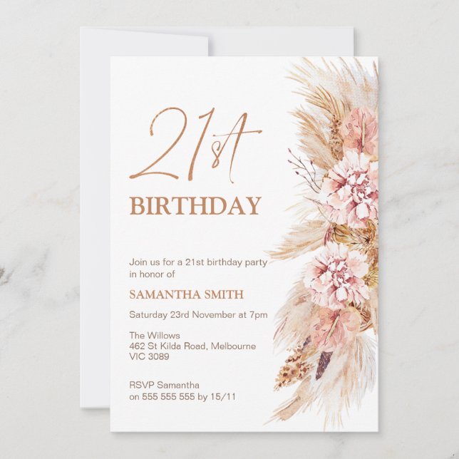 Boho Floral Pampas Grass Invitación a los 21 cumpl (Anverso)