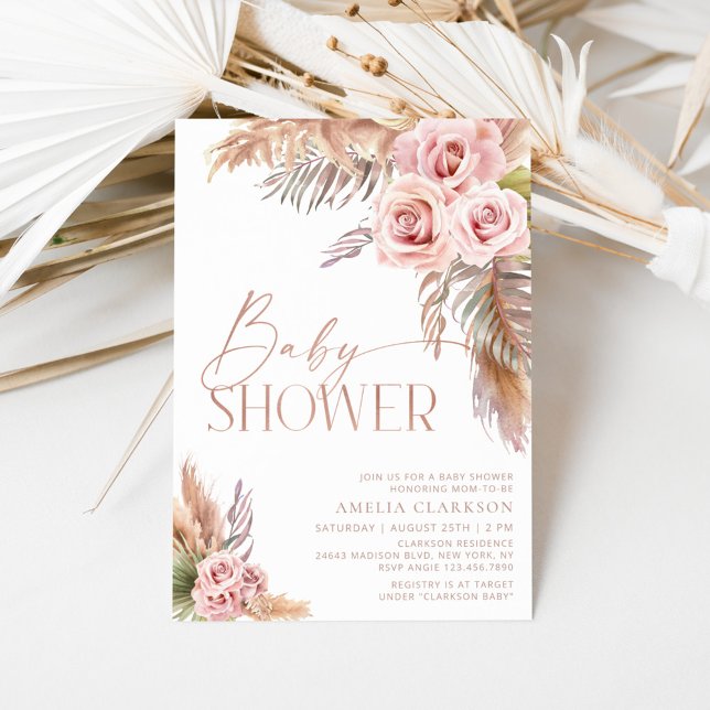 Boho Floral Pampas Rosa Gold Invitación a Baby Sho (Subido por el creador)