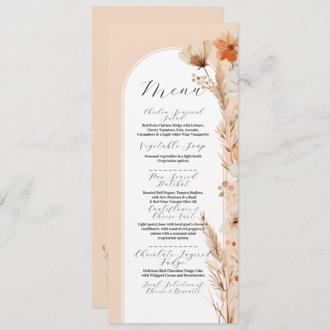 Boho Floral Peach Bohemian Flowers Menu Boda (Anverso / Reverso)