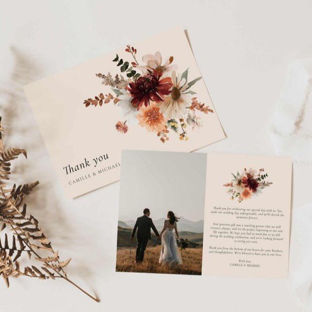 Boho Floral Photo Boda Tarjeta de agradecimiento (Burgundy Floral Boho Wedding Thank you Card)