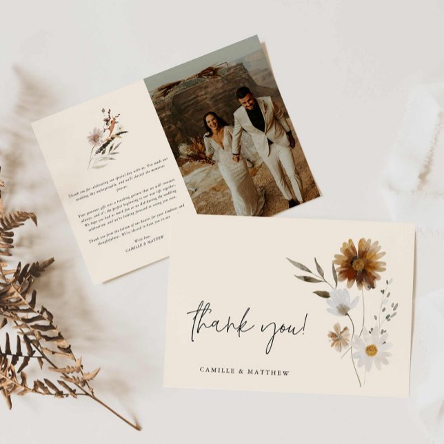 Boho Floral Photo Boda Tarjeta de agradecimiento (Elegant Boho Photo Wedding Thank you card)