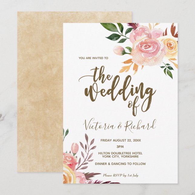 boho floral plumas moderna invitación a la boda (Anverso / Reverso)