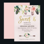 Boho Floral Rosa 16ª invitación de cumpleaños<br><div class="desc">¿Buscando una invitación bohemia dulce de dieciséis años? Este diseño presenta una gran disposición floral y plumas en la parte superior de la invitación. También he agregado algunas flores en la mitad inferior del diseño que se sientan encima de algunas flechas acuáticas. La falsa caligrafía de Relieve metalizado dorado dulce...</div>
