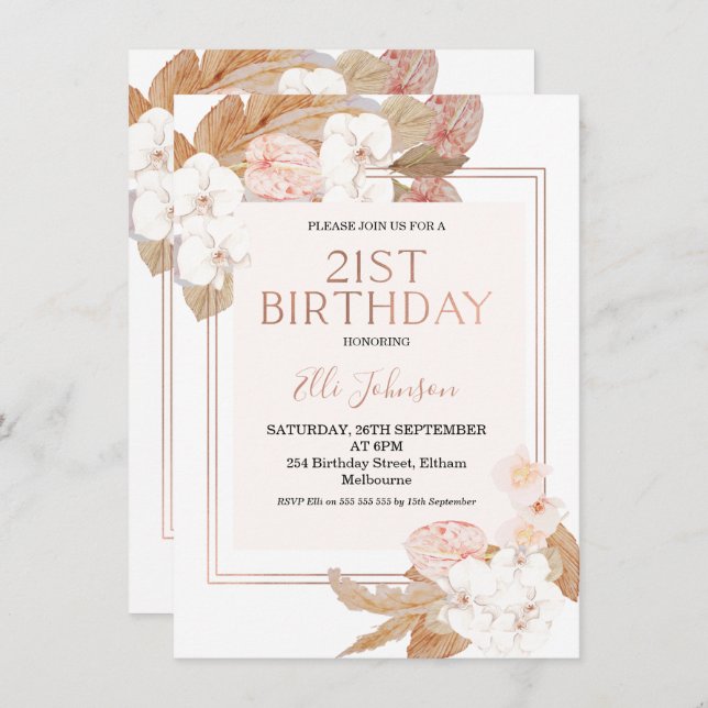 Boho Floral Rosa Gold Invitación de cumpleaños 21 (Anverso / Reverso)