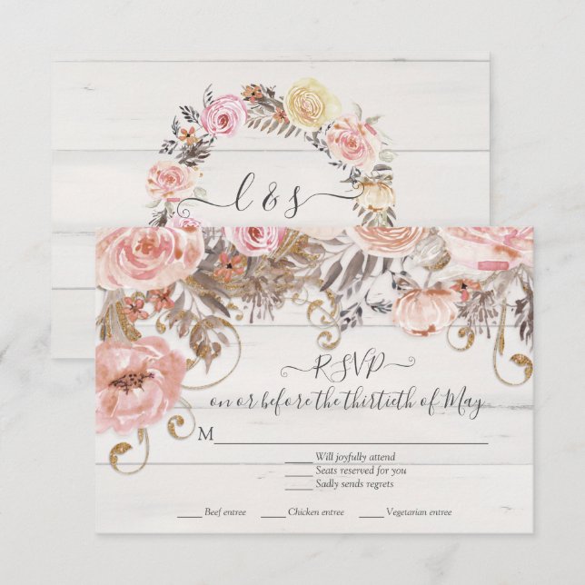 Boho Floral Rosa Rosada Respuesta RSVP de Madera R (Anverso / Reverso)