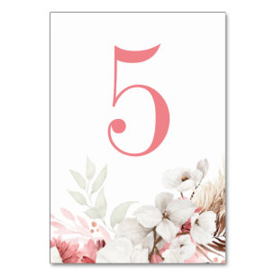 Boho floral rosa y blanco elegante número de mesa