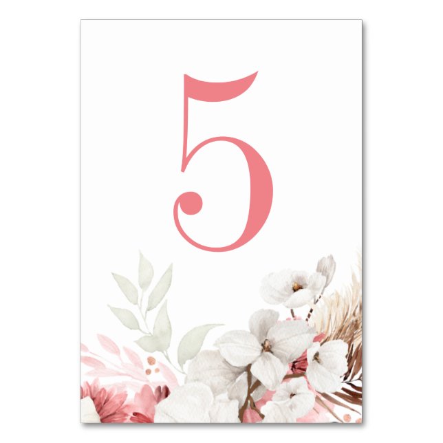 Boho floral rosa y blanco elegante número de mesa (Anverso)