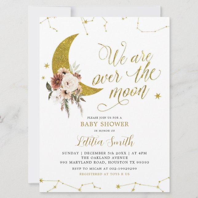 Boho Floral sobre la invitación a la luna en Baby  (Anverso)