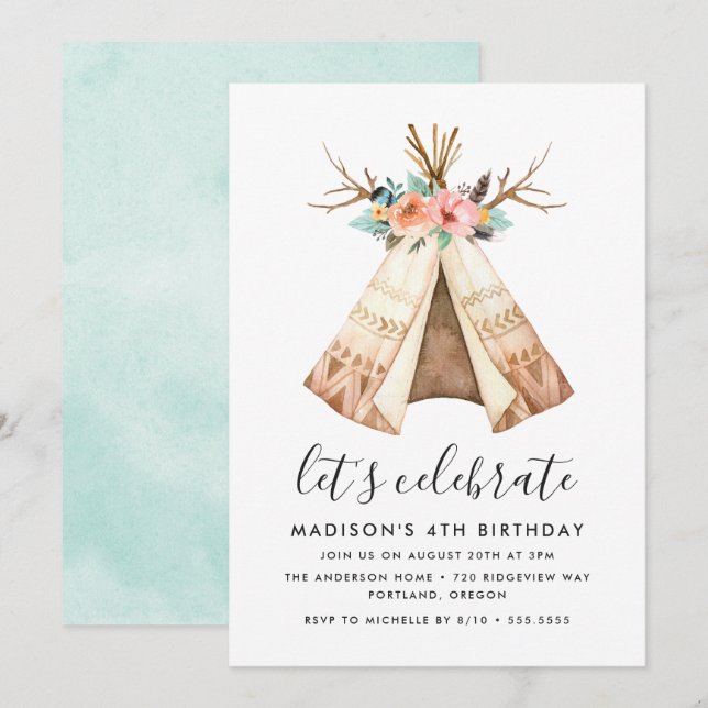 Boho Floral Teepee | Invitación a la fiesta de cum (Anverso / Reverso)