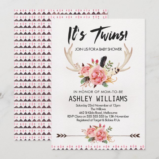 Boho Floral Twin Chicas Baby Shower Invitación (Anverso / Reverso)