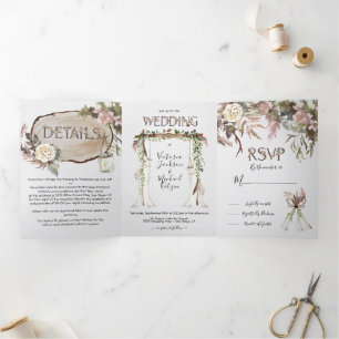 Boho Floral Woodland Boda Tri-Fold Invitación
