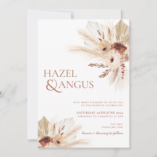 Boho Flores de roya Pampas Invitación a la boda HA (Anverso)