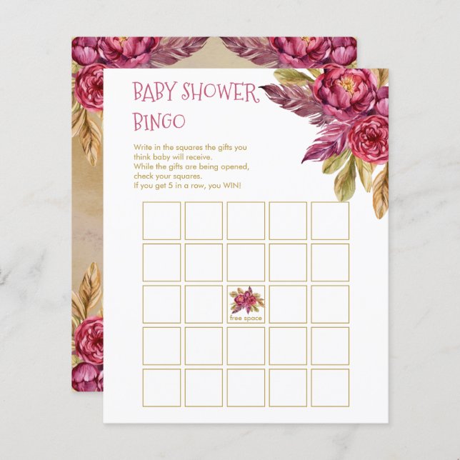 Boho Fuchsia Peony Blooms Tarjeta de Bingo Baby Sh (Anverso / Reverso)