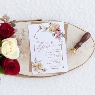 Boho Garden Rosa Flores Invitación al bautismo