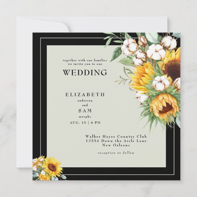 Bóho Girasoles y Algodón Tarjeta Negra de Boda (Anverso)