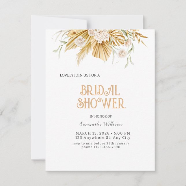 Boho Gold Floral Bridal Shower Invitación Relieve  (Anverso)