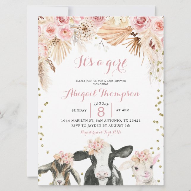 Boho granja de flores chica de bebé invitación a d (Anverso)