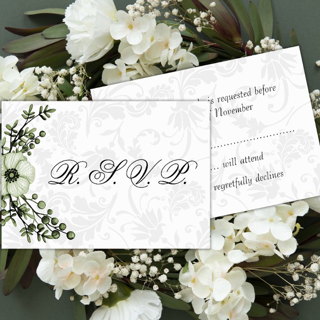 Boho Gray Damask y Green Floral Wedding RSVP (Subido por el creador)