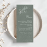 Boho Green Destination Floral Boda Menú<br><div class="desc">Esta elegante carta de boda floral es perfecta para un boda rústico. El diseño presenta flores y flores de manzana acuarela de fondo verde.</div>