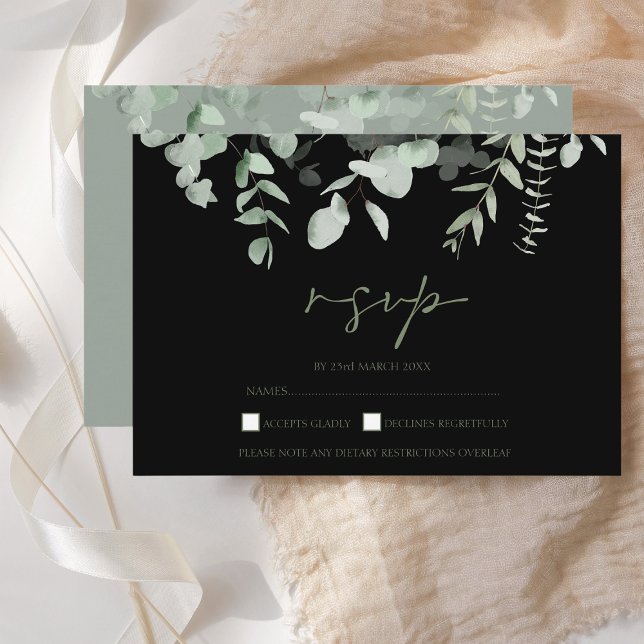 Boho Greenery Black Eucalyptus Wedding RSVP (Subido por el creador)