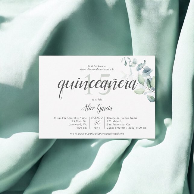 `Boho Greenery Eucalyptus Quinceanera Invitación (Subido por el creador)