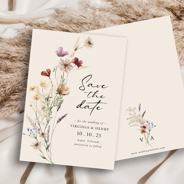 Boho Guardar la tarjeta plana de fecha (Elegant Boho Wildflowers Wedding Save The Dates
 by Painted Paperie
)