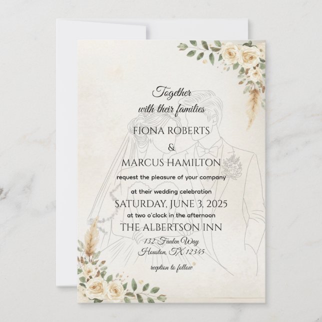 Boho Invitación a la boda Rosas de marfil y pampas (Anverso)