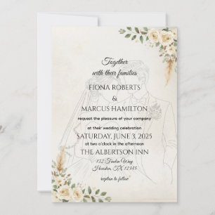Boho Invitación a la boda Rosas de marfil y pampas