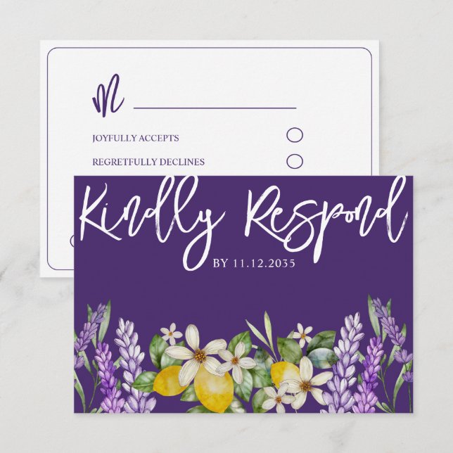 Boho Lemons & Lavender Wedding RSVP (Anverso / Reverso)