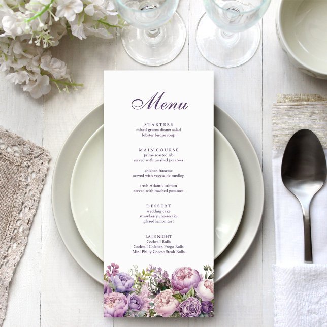 Boho Lilac Floral Boda Menú (Boho Lilac Floral Wedding Menu on white and silver wedding table.)