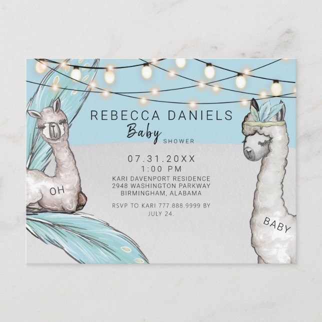Boho Llama Feather Oh Baby Boy Shower Invitación (Anverso)