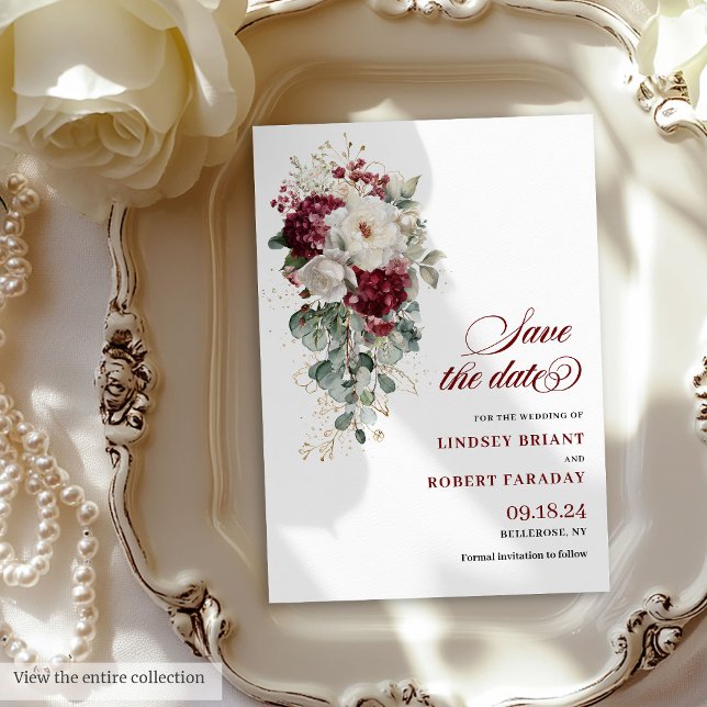 Boho marsala floral de oro blanco salva la tarjeta (Boho marsala white gold floral save the date card

)