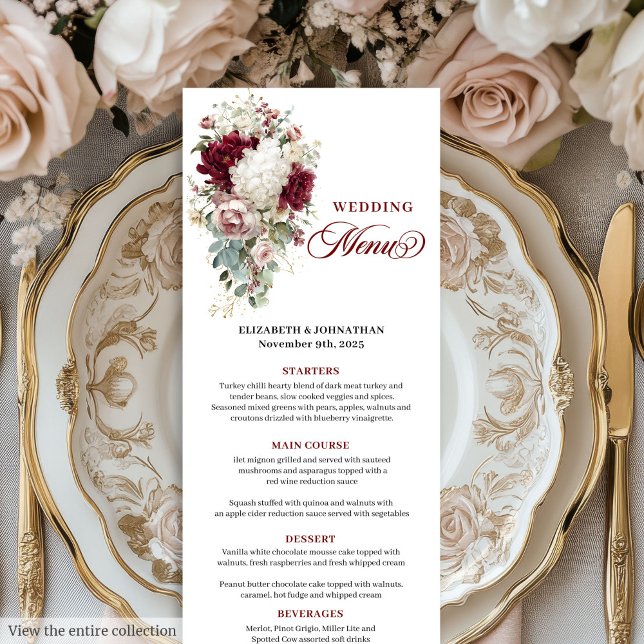 Boho marsala rosas de oro tarjeta de menú romántic (Boho marsala gold roses romantic wedding menu card

)