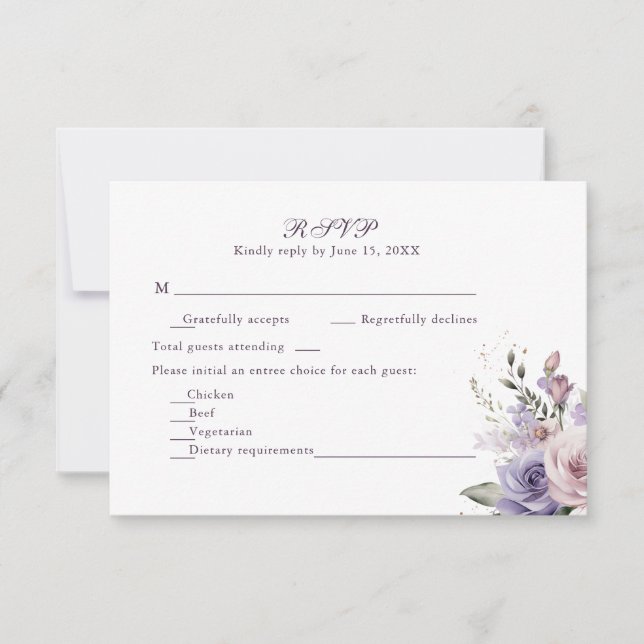 Boho Mauve and Lilac Flowers Wedding RSVP Card (Anverso)