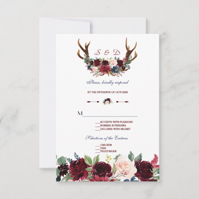 Boho Merlot Navy Antlers Floral Azul Boda RSVP (Anverso)