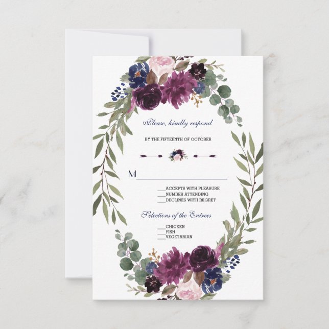 Boho Merlot Navy Antlers Floral Azul Boda RSVP (Anverso)