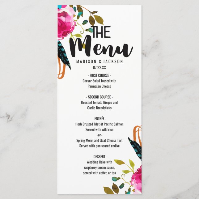 Boho Moda Floral Watercolor Boda Menú (Anverso)