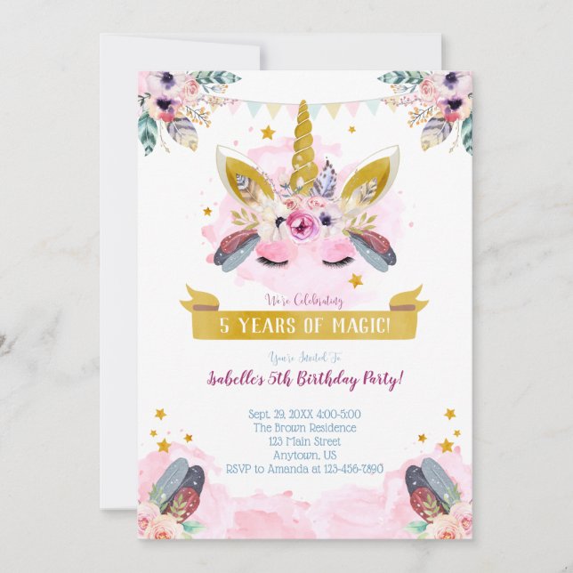 Boho Moda Unicorn enfrenta invitación de cumpleaño (Anverso)
