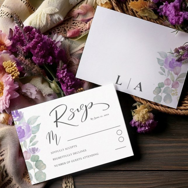 Boho Morple Floral Eucalyptus Wedding RSVP (Subido por el creador)