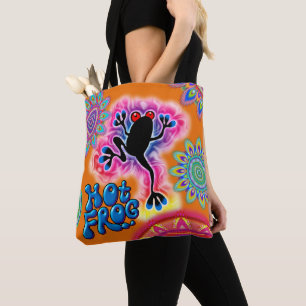 Boho naranja de bolsas de tote psicodélico de rana