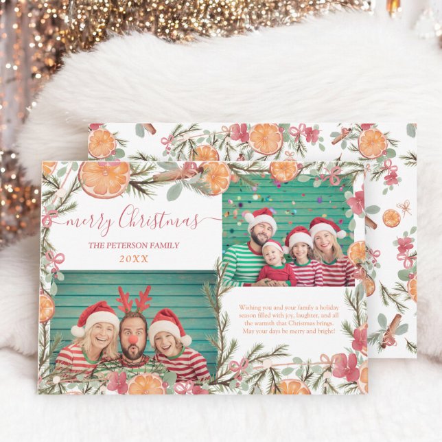 Boho Naranja rama de pino 2 fotos Feliz Navidad (Boho Oranges pine branch 2 photos Merry Christmas Holiday Card)