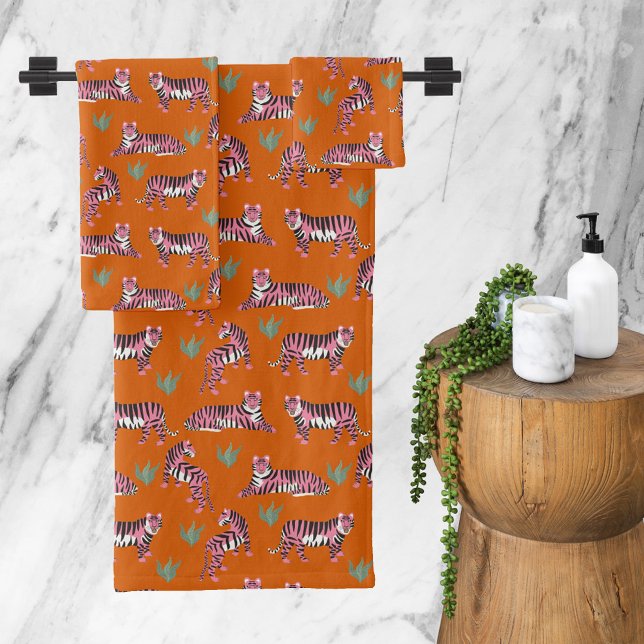 Boho Naranja Tigres de la Jungla (Boho Orange Pink Jungle Tigers Bath Towel Set)