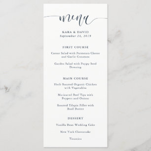 Boho Navy Peony Menú Boda de caligrafía moderna