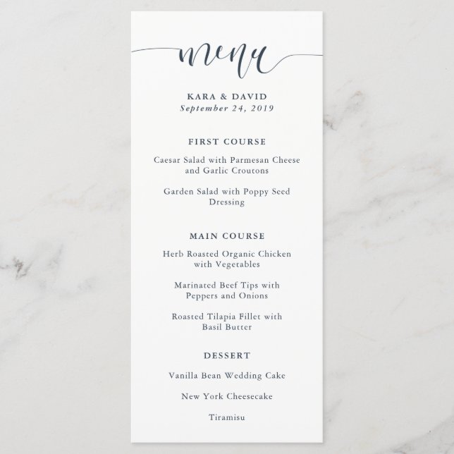 Boho Navy Peony | Menú Boda de caligrafía moderna (Anverso)