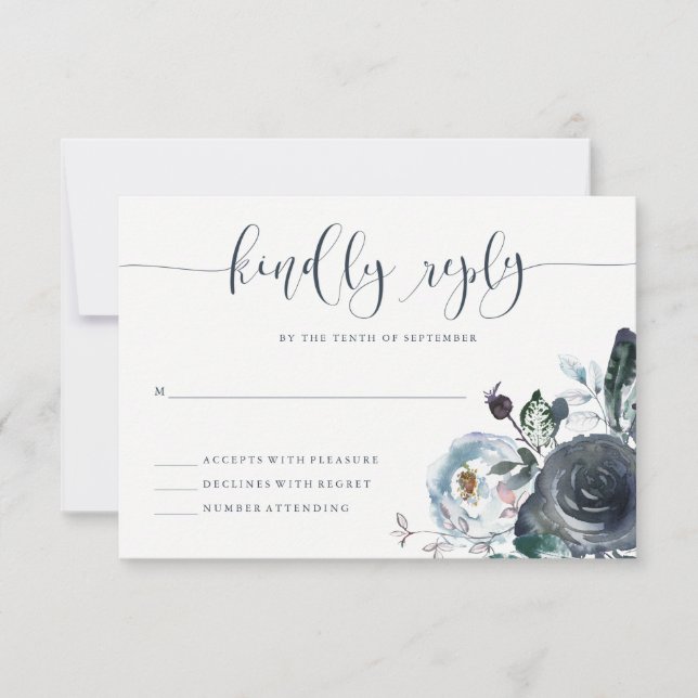 Boho Navy Peony RSVP | Caligrafía moderna (Anverso)
