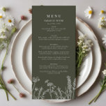 Boho Olive Green Wildflower Boda Flat Menu<br><div class="desc">Eleva la recepción de tu boda con nuestro menú plano Boda Boho Olive Green Wildflower. Diseñado pensando en la moderna pareja bohemia, este sorprendente menú presenta un delicado motivo de flor silvestre en un entorno verde de oliva sereno. Perfecto para añadir un toque de elegancia rústica a los ambientes de...</div>