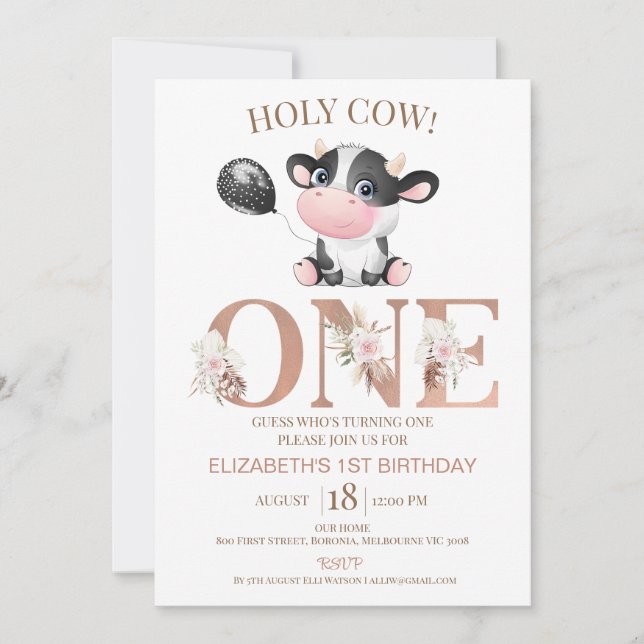 Boho Palabra floral Holy Cow Invitación de primer  (Anverso)
