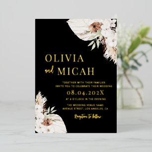 Boho pampas césped invitación a la boda negra oro